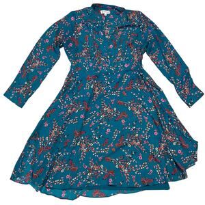 Nanette Lepore Long Sleeve Teal Floral Midi Shirt Dress Size 8